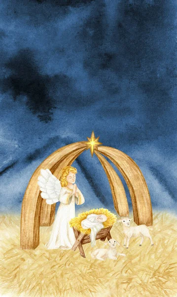 Biglietto Auguri Natale Acquerello Presepe Con Sacra Famiglia Angelo Illustrazione — Foto Stock