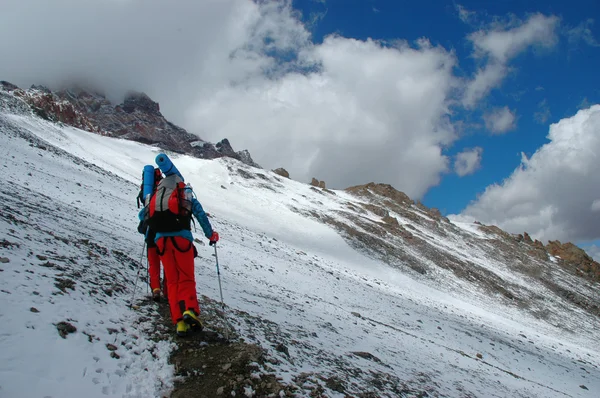 Vandrare på väg till aconcagua berg — Stockfoto