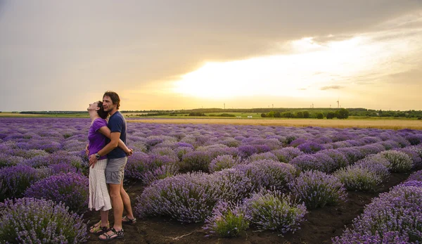 Romantische jong koppel bij zonsondergang in Lavendel veld Stockfoto