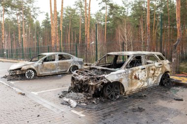 Kyiv, Ukraine - Apr. 03, 2022: Photography to theme war destroyed Ukraine it russian troops, photo consisting of war destroyed Ukraine by russian troops, war destroyed beautiful city is russian troops