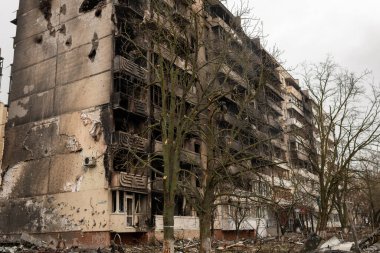 Kyiv, Ukraine - Apr. 03, 2022: Photography to theme war destroyed Ukraine it russian troops, photo consisting of war destroyed Ukraine by russian troops, war destroyed beautiful city is russian troops