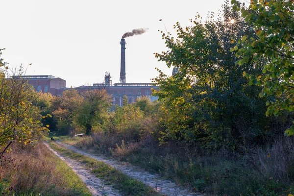 Photo Theme Poisonous Thick Smoke High Chimney Large Plant Pollutes — Stok fotoğraf