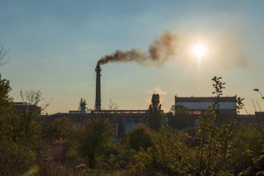 Photo on theme of poisonous thick smoke from high chimney of large plant that pollutes nature
