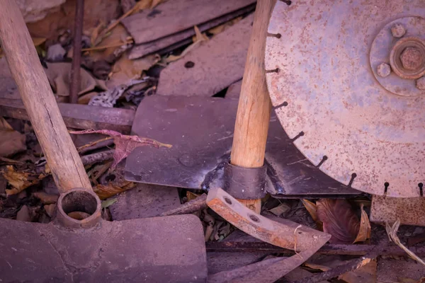 farmer old equipment with farm tools set,Plough, sickle, shovel, dagger, hoe, grass cutter, digging fork, and ani-ani or a tool ,