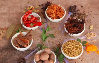Güzel Hint baharatları, baharatlar, baharatlar, baharatlar, dolgun baharatlar, döner baharat, zerdeçal, anason, sarımsak, kişniş, acı biber, kakule, karanfil, üst görünüm.