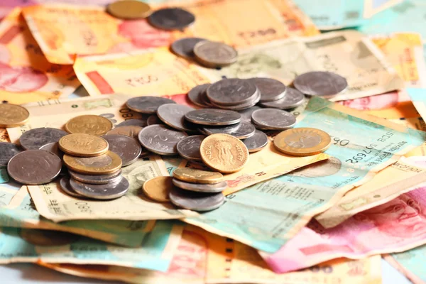 Group Gold Coins Tower Wooden Table Indian Mix Rupee Coins — Stock Photo, Image