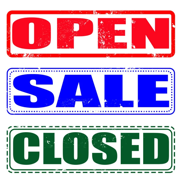 Otwórz, sprzedaż, zamknięta pieczęć — Wektor stockowy