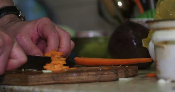 アジア料理 シンプルな料理 小さな断片にニンジンをスライス料理の手 クローズアップ — ストック動画