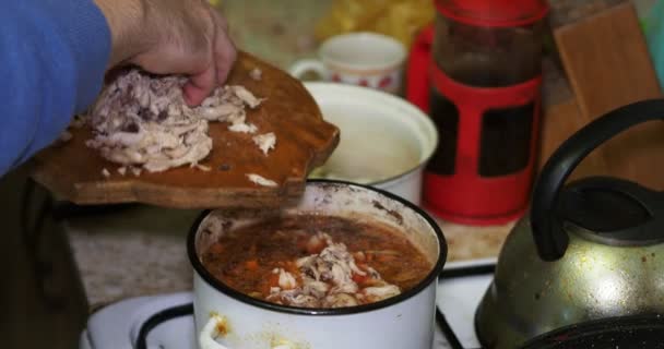 Азиатская Кухня Повар Кладет Мелко Нарезанные Куски Вареного Куриного Мяса — стоковое видео