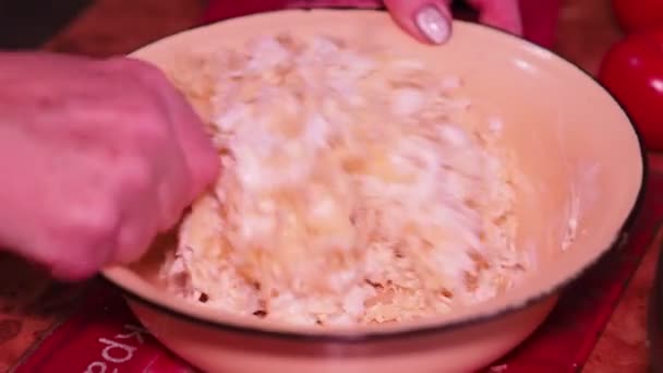 아시아 마요네즈 용기에 요리를 이손으로 저으는 클로즈업 — 비디오