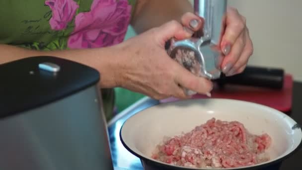 Kitchen Woman Hands Disassembling Electric Meat Grinder Cooking Minced Meat — Stock Video