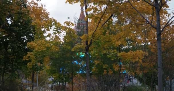 莫斯科 古街的上半部分从公园秋天的树叶中可以看到罗勒大教堂 相机在动 — 图库视频影像