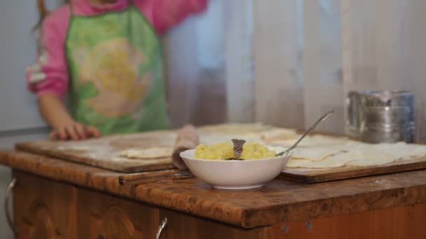 Kinder Ein Kleines Mädchen Einer Schürze Der Küche Lernt Gerade — Stockvideo