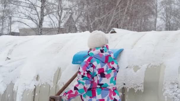 Ψύξη Κλιματική Αλλαγή Μια Γυναίκα Χρωματιστά Χειμωνιάτικα Ρούχα Καθαρίζει Χιόνι — Αρχείο Βίντεο