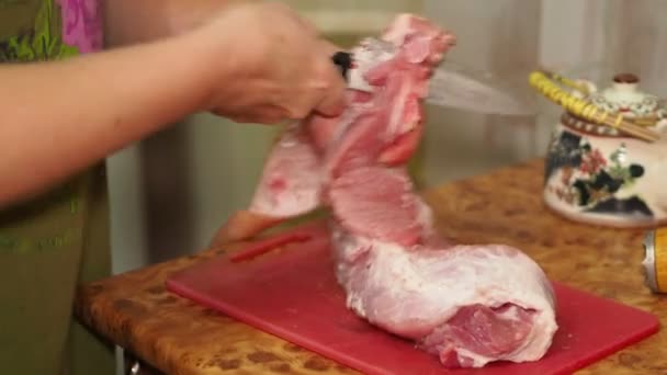 Asian Cuisine Woman Cuts Piece Meat Pieces Knife Cutting Board — Stock Video