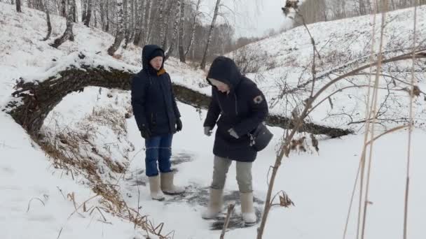 Вінтер Щасливі Люди Весело Бавляться Кризі Нещодавно Замороженого Лісового Озера — стокове відео