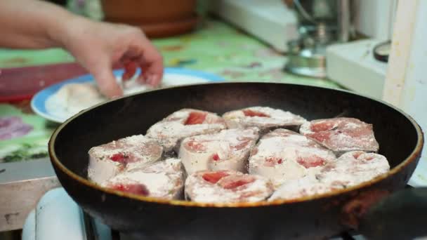 Cozinha Asiática Uma Mulher Rola Pedaços Salmão Farinha Coloca Uma — Vídeo de Stock