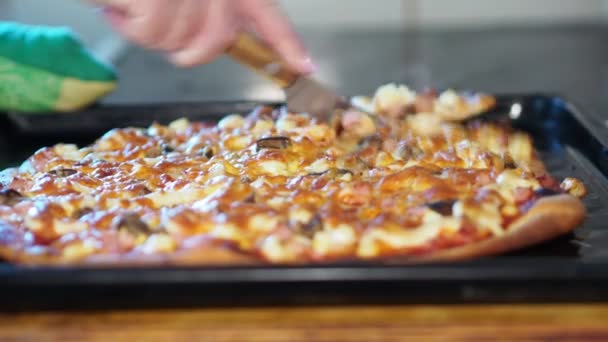 Thuis Koken Een Vrouw Snijdt Een Vers Gebakken Pizza Die — Stockvideo