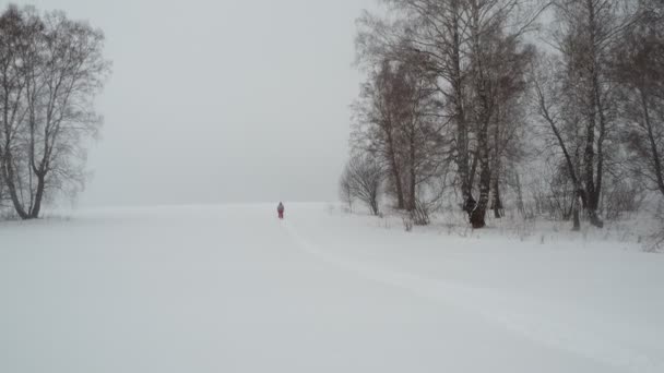 Invierno Día Nublado Una Anciana Feliz Cálido Traje Esquí Desliza — Vídeo de stock