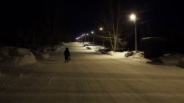 在一个结霜的夜晚 一位老年妇女独自行走在被红绿灯照亮的白雪覆盖的空旷道路上 手牵手 西伯利亚 — 图库视频影像