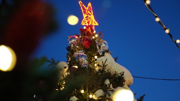 Weihnachten Ferienzeit Weihnachtsbaum Geschmückt Mit Spielzeug Eisbären Und Einem Brennenden — Stockvideo