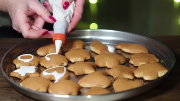Home Cooking Woman Manicure Squeezes Icing Sugar Cookies Decoration Close — Wideo stockowe