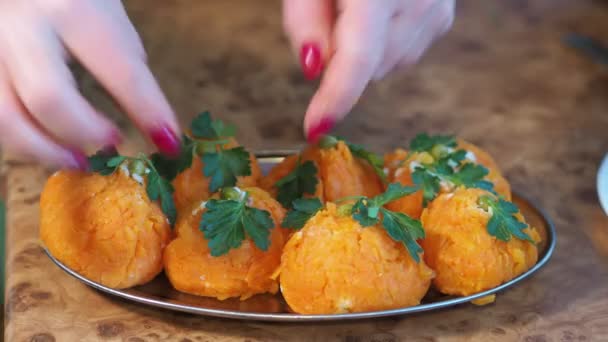 Asian Cuisine Vegetarianism Elderly Woman Makes Oranges Grated Carrots Fillings — Vídeo de Stock