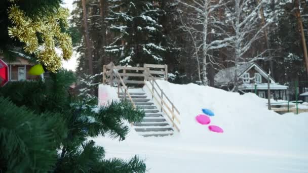 Holiday Season Christmas Tree Background Man Small Child Climbing Wooden — стокове відео