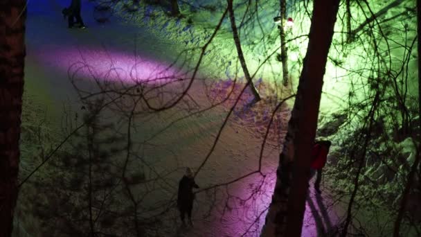 Temporada Férias Pessoas Felizes Patinam Noite Floresta Gelo Rio Congelado — Vídeo de Stock