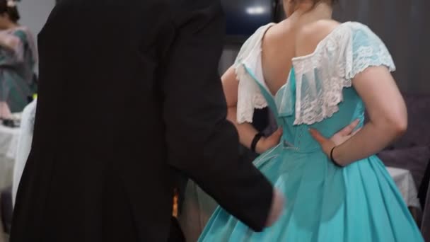 Preparation Ball Man Helps Woman Lace Beautiful Ball Gown Close — Stockvideo