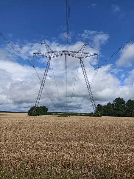 electricity pylon, power line, green field and blue sky