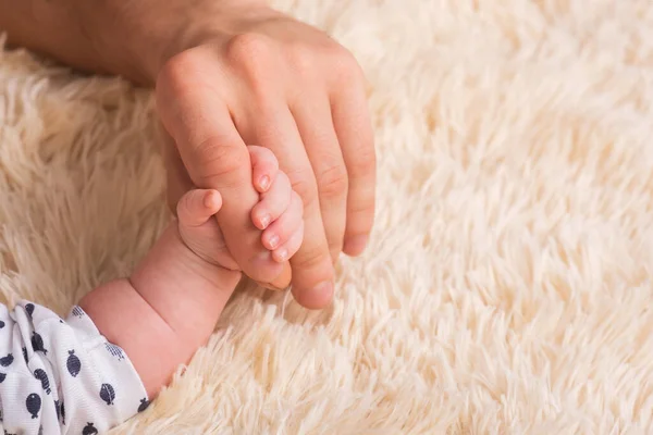 Тато тримає в руках маленьку дитячу руку. Маленька рука новонародженого малюка у великих руках батька. Дитина тримає батька за палець. — стокове фото