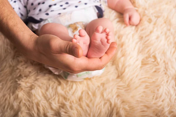 Тато тримає в руках маленьких тупоголових. Маленькі ноги новонародженого немовляти в великих руках батька. Масаж для дітей. — стокове фото