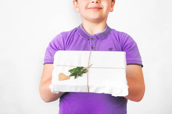 Porträtt Härlig Söt Pojke Mycket Peri Shirt Hålla Nuvarande Rutan — Stockfoto