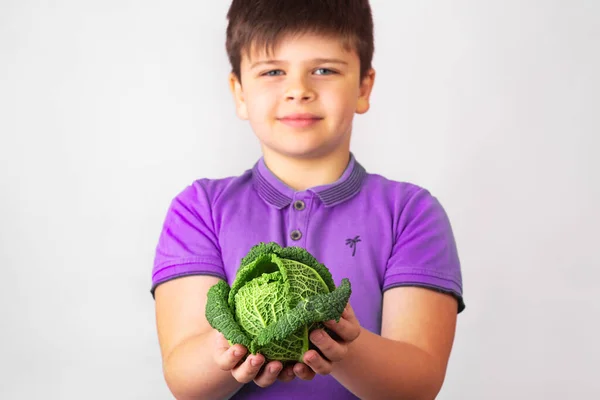 Porträtt Stilig Ung Tonåring Pojke Som Håller Färsk Grön Kål — Stockfoto