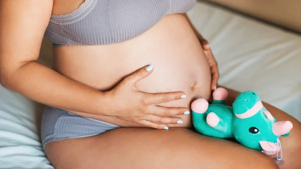 Nahaufnahme Des Bauches Einer Schwangeren Frau Mit Einem Stofftier Das — Stockfoto