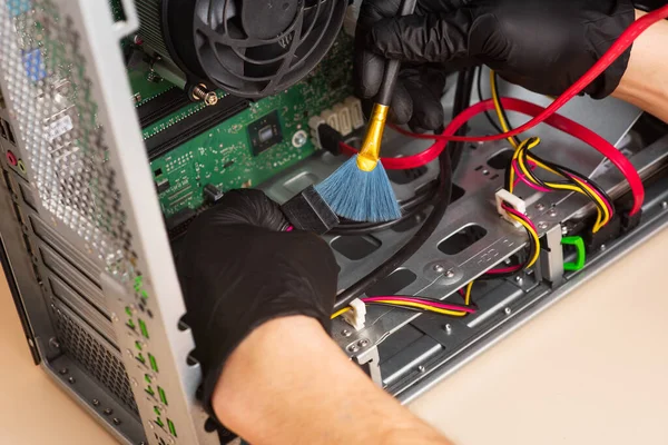 Wizard Black Gloves Restores Personal Computer Disassembly Computer Spare Parts — Stock Photo, Image