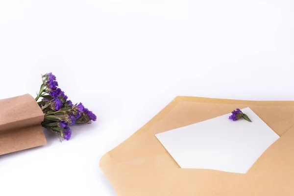 Mavi Kahverengi Kesekağıdında Kurumuş Çiçekler Beyaz Arka Planda Temiz Kağıtlarla — Stok fotoğraf