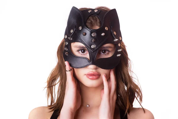 Leather Elegant Black Mask Cat Young Female Model White Background — Stock Photo, Image