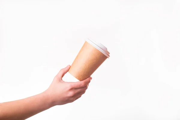 Koffiekopje Van Herbruikbare Materialen Hand Witte Achtergrond Nul Afvalconcept Ecologie — Stockfoto