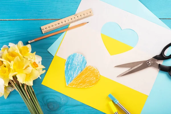 Blue Yellow Color Paper Texture Background Heart Cut Out Paper — Stok fotoğraf