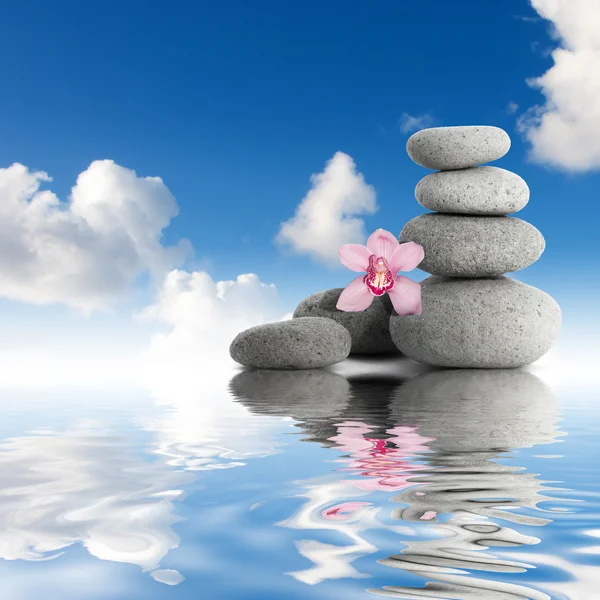 Piedras zen grises y cielo de orquídea con nubes —  Fotos de Stock