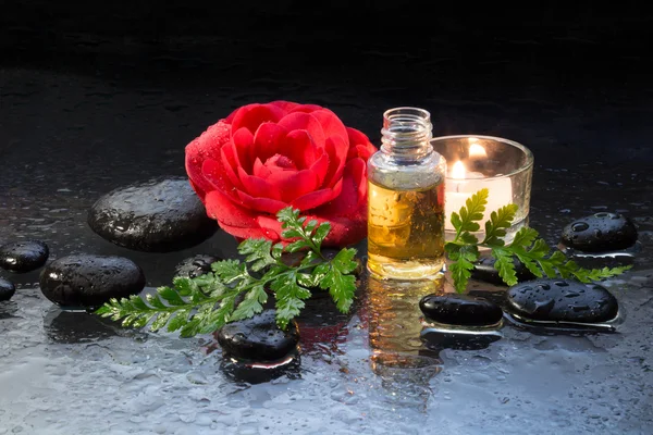 Aceite de bienestar, flor roja, piedras y velas —  Fotos de Stock