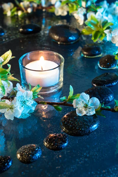Almond flowers with black stones and candle — Stock Photo, Image
