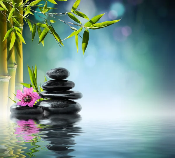 Tower black stone and hibiscus with bamboo on the water — Stock Photo, Image