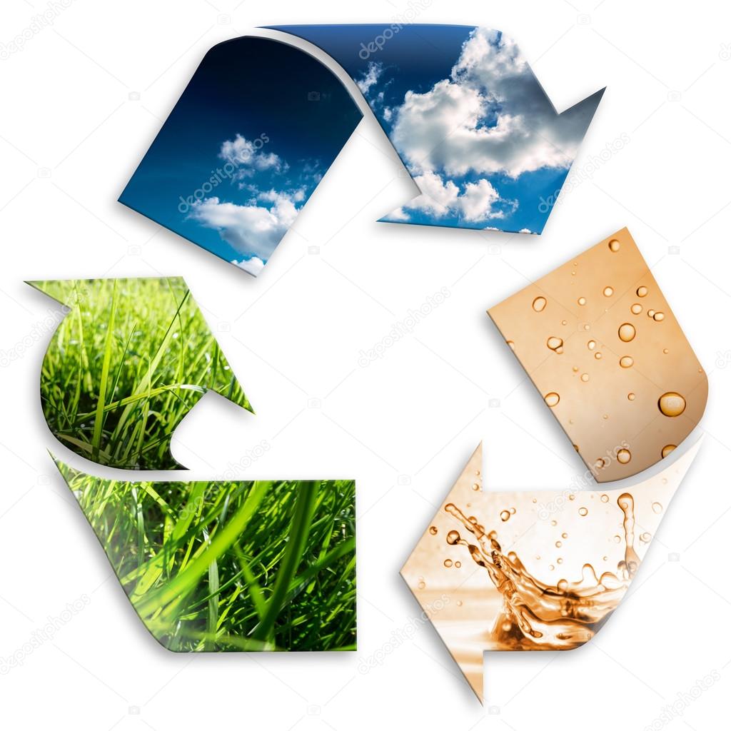 Recycling symbol: cloudy sky, water, grass
