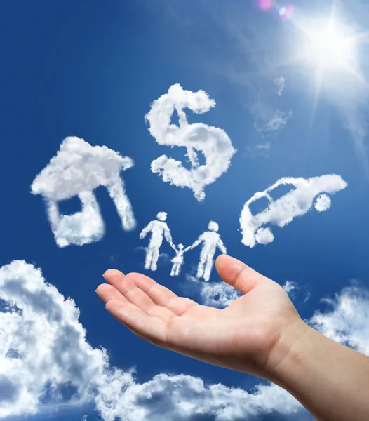 Dreams in the sky: car,home,money and family — Stock Photo, Image