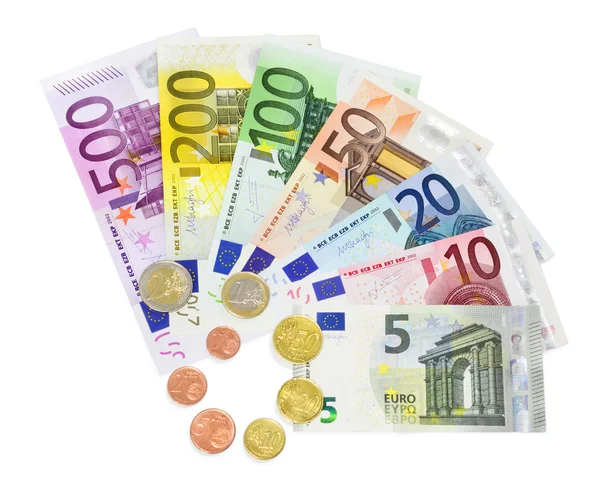 Monedas y billetes en euros sobre blanco — Foto de Stock