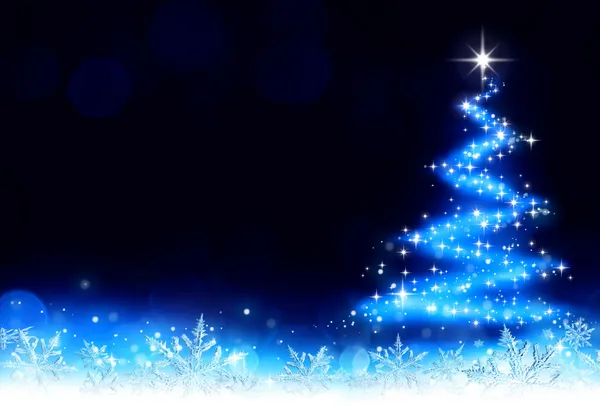 Christmas background with a trail of stardust and snowflakes that draws a tree — Stock Photo, Image