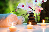 masážní vana složení se svíčkami, orchideje, kameny v zahradě